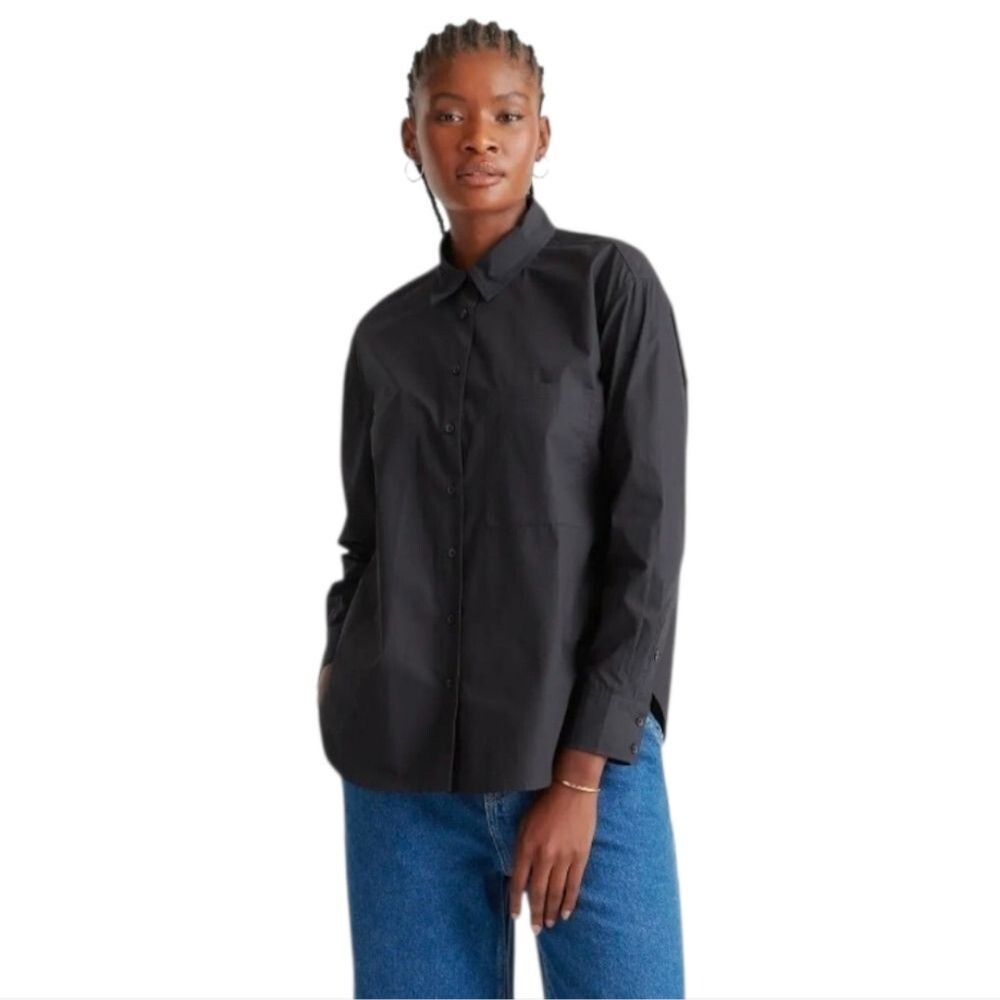 Quince 100% Organic Cotton Poplin Long-Sleeve Boyfriend Shirt, Black, Size Large